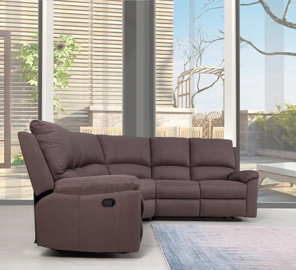 Mocha brown fabric reclining sectional sofa with chaise on left, plush cushions, modern living room style.