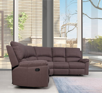 Mocha brown fabric reclining sectional sofa with chaise on left, plush cushions, modern living room style.