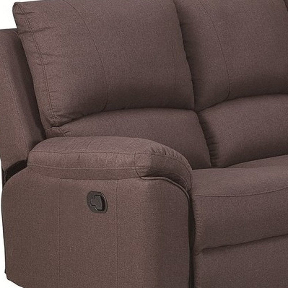 Brown fabric recliner sofa arm with plush cushions and side lever.