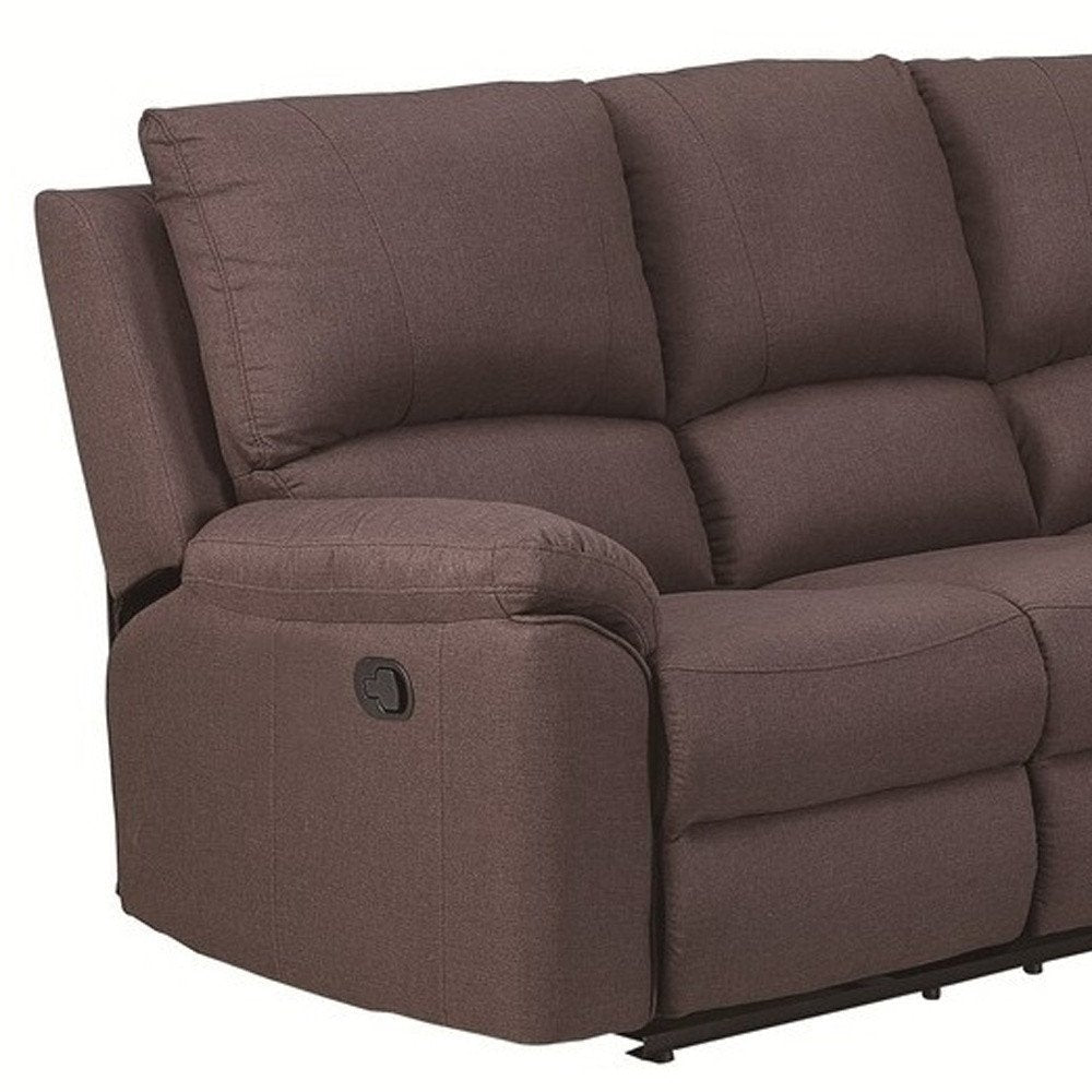 Brown fabric reclining sofa with plush cushions and padded arm, side lever for reclining.