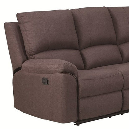 Brown fabric reclining sofa with plush cushions and padded arm, side lever for reclining.