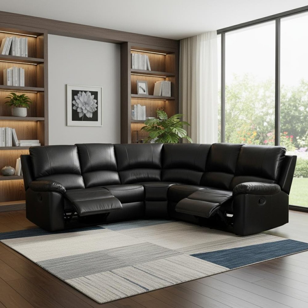 Black Polyester Blend Power Reclining U Shaped Three Piece Corner Sectional