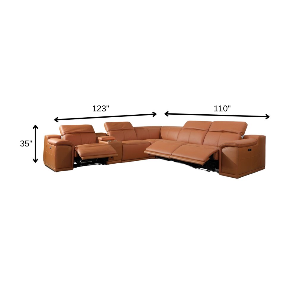 Camel Italian Leather Power Reclining U Shaped Six Piece Corner Sectional With Console