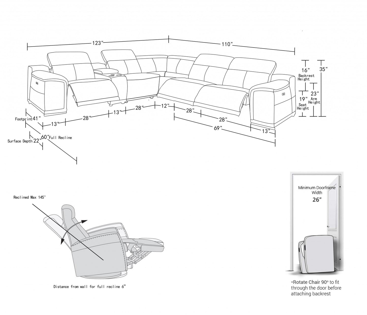 Camel Italian Leather Power Reclining U Shaped Six Piece Corner Sectional With Console