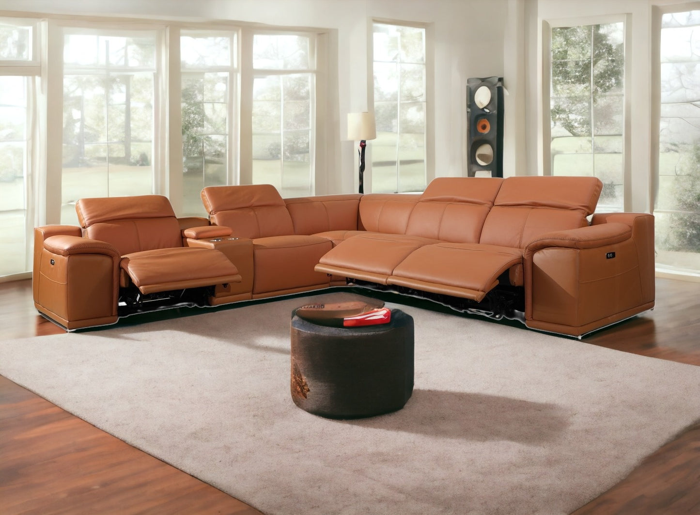Camel Italian Leather Power Reclining U Shaped Six Piece Corner Sectional With Console