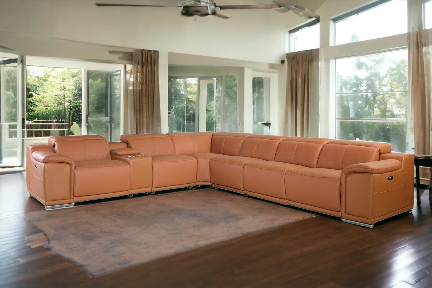 Camel Italian Leather Power Reclining U Shaped Seven Piece Corner Sectional With Console