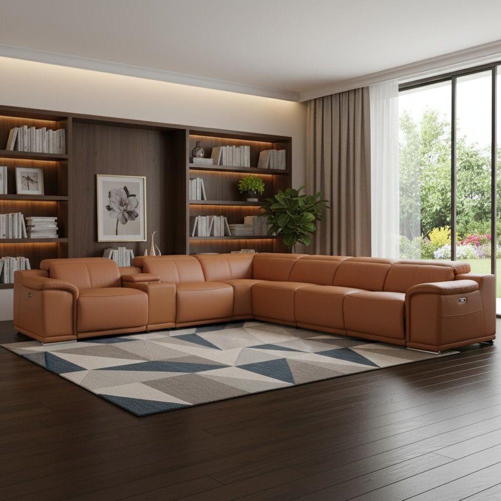 Camel Italian Leather Power Reclining U Shaped Seven Piece Corner Sectional With Console