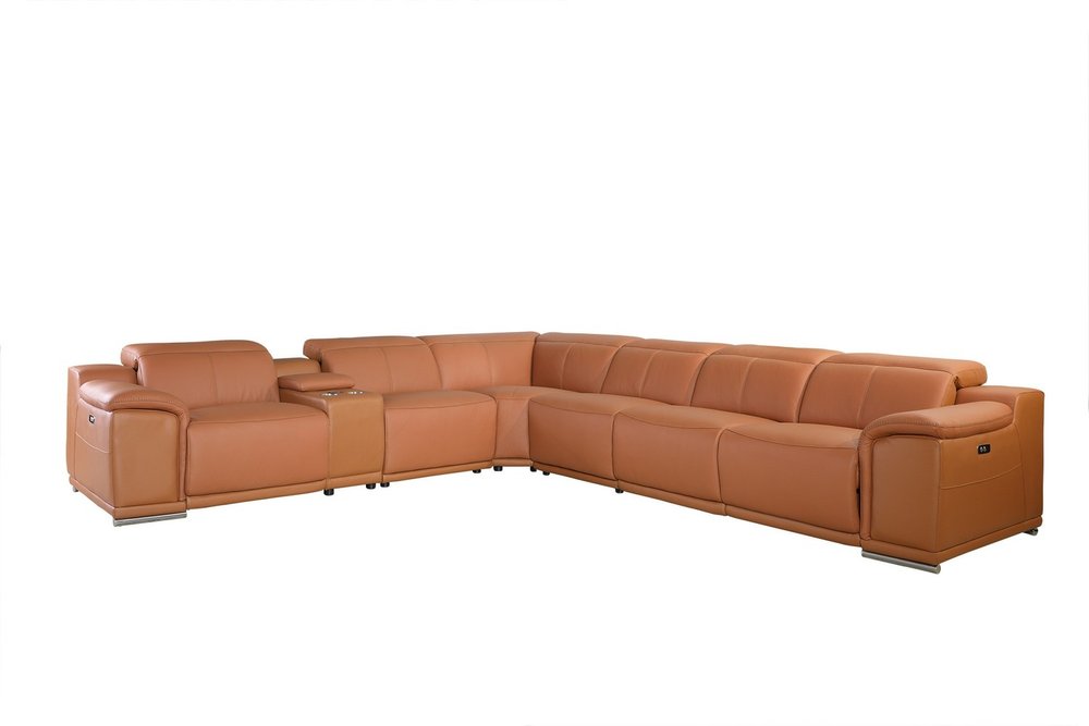 Tan leather L-shaped sectional sofa with modular sections, low-profile arms and metal legs for living room lounging.