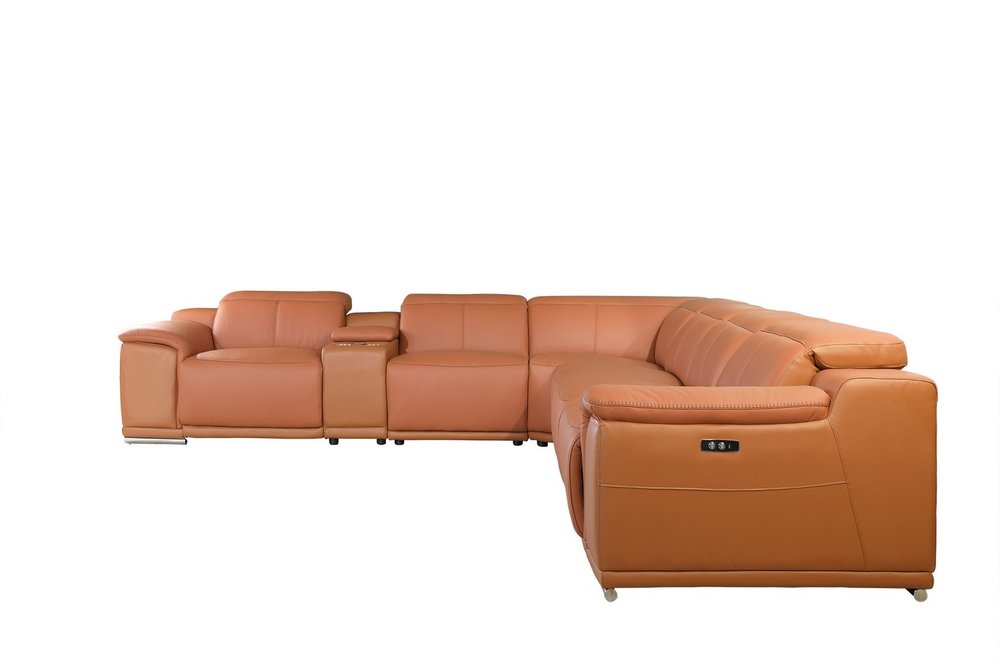 Caramel brown leather modular sectional sofa with chaise and built-in center console.