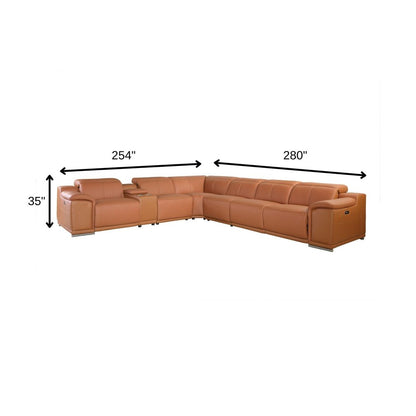 Camel Italian leather power reclining U-shaped seven-piece corner sectional with console.