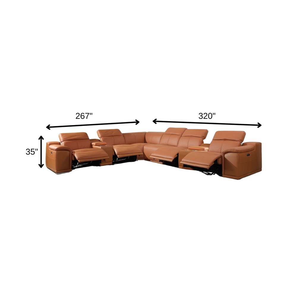 Camel Italian Leather Power Reclining U Shaped Eight Piece Corner Sectional With Console