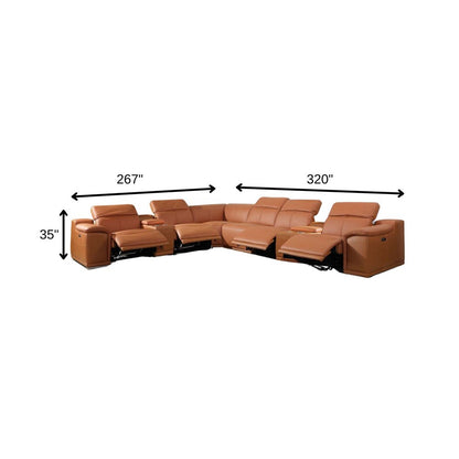 Camel Italian Leather Power Reclining U Shaped Eight Piece Corner Sectional With Console