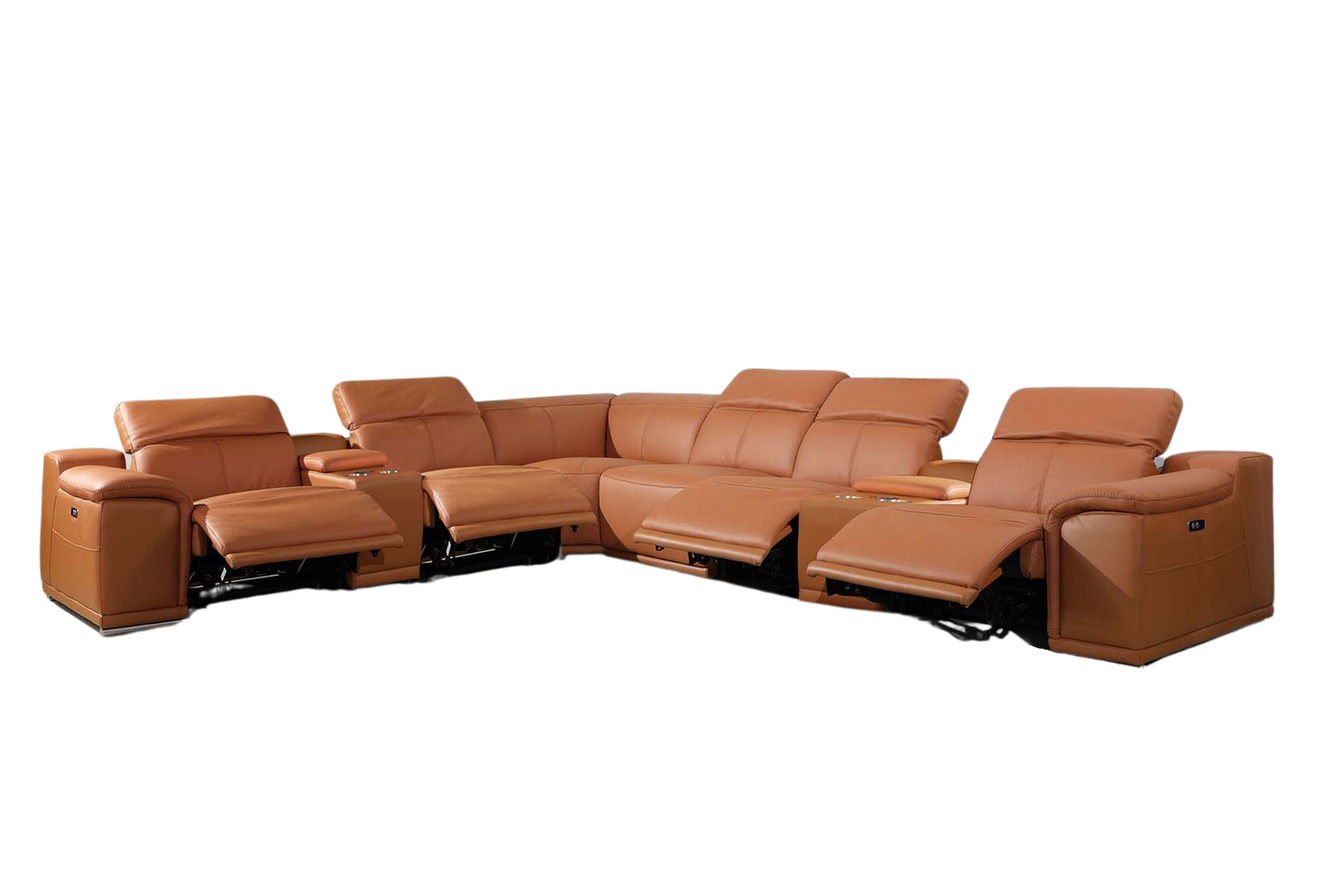 Camel Italian Leather Power Reclining U Shaped Eight Piece Corner Sectional With Console