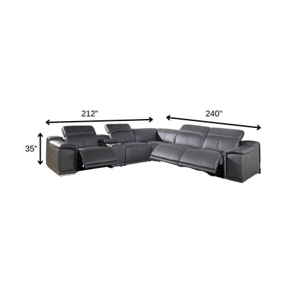 Gray Italian Leather Power Reclining U Shaped Six Piece Corner Sectional With Console