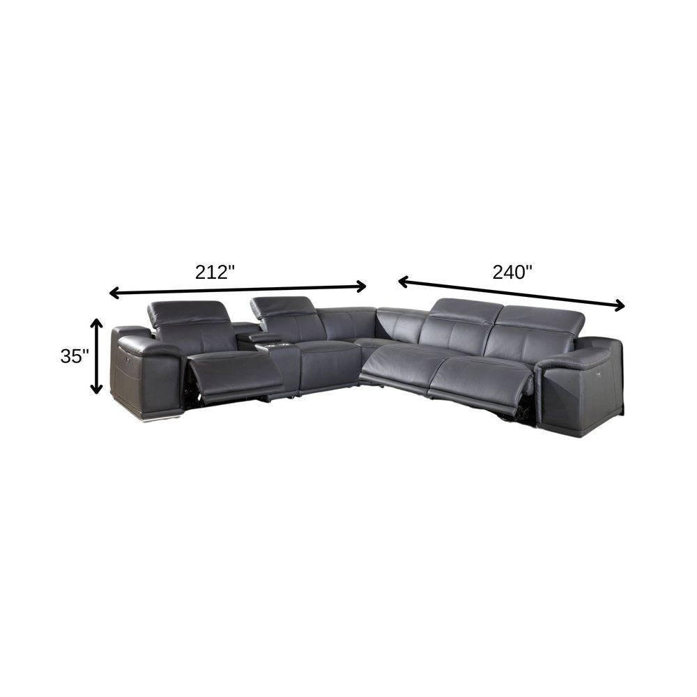 Gray Italian Leather Power Reclining U Shaped Six Piece Corner Sectional With Console