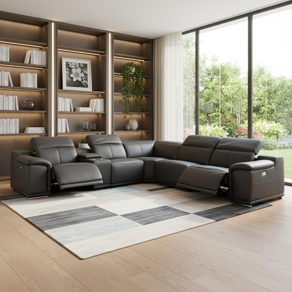 Gray Italian Leather Power Reclining U Shaped Six Piece Corner Sectional With Console