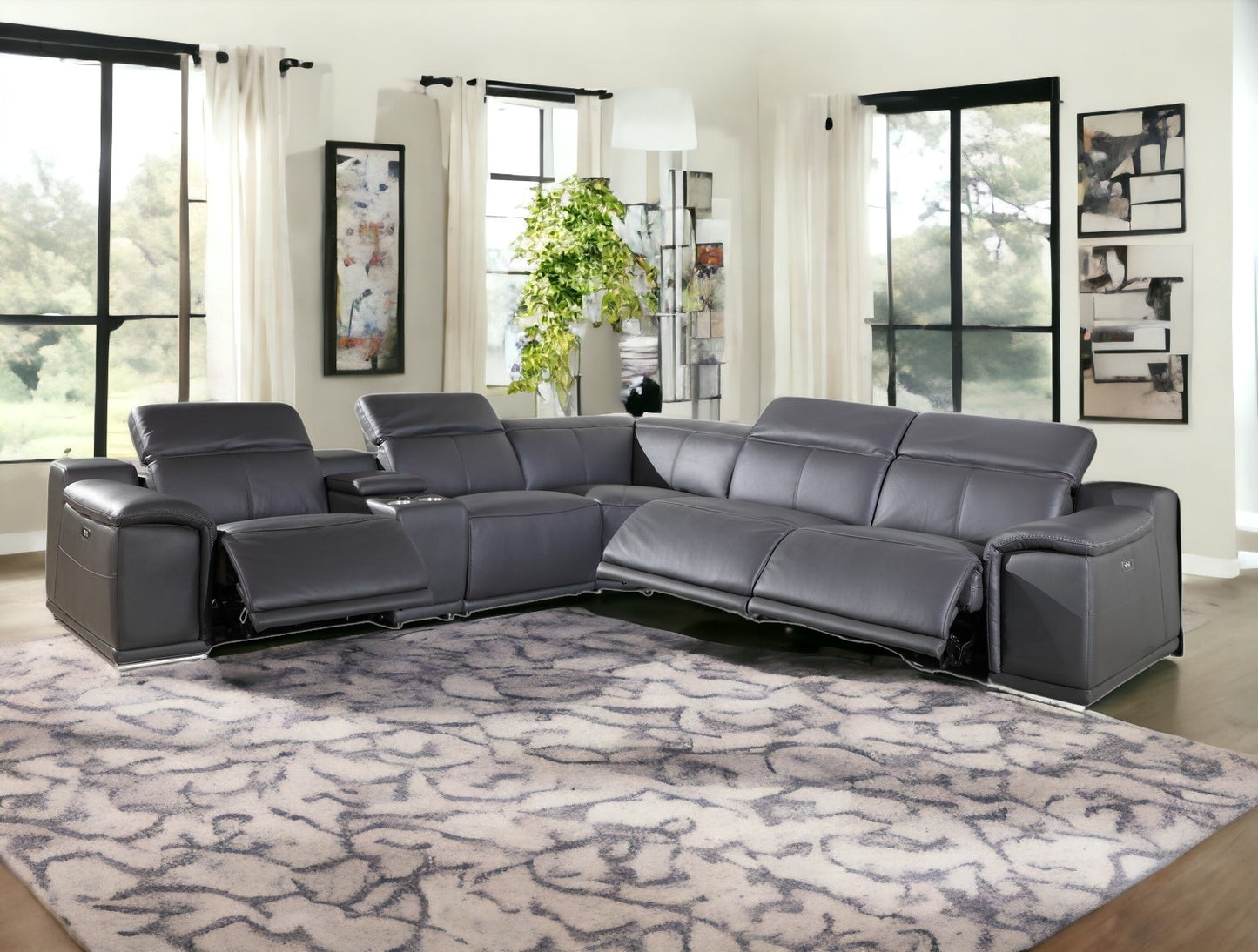 Gray Italian Leather Power Reclining U Shaped Six Piece Corner Sectional With Console