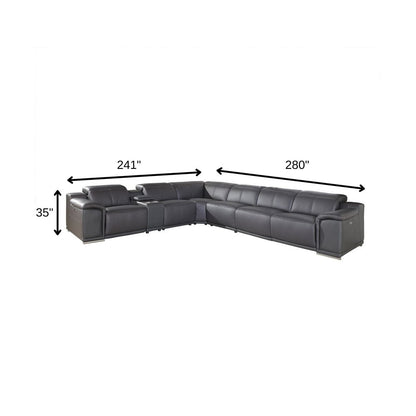 Gray Italian Leather Power Reclining U Shaped Seven Piece Corner Sectional With Console
