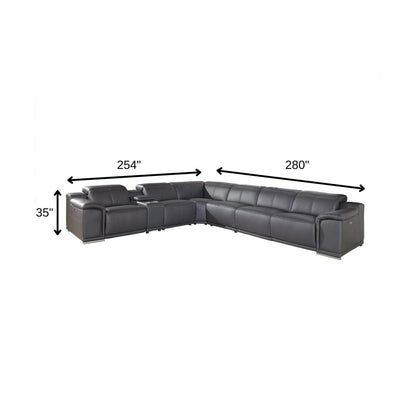 Gray Italian Leather Power Reclining U Shaped Seven Piece Corner Sectional With Console