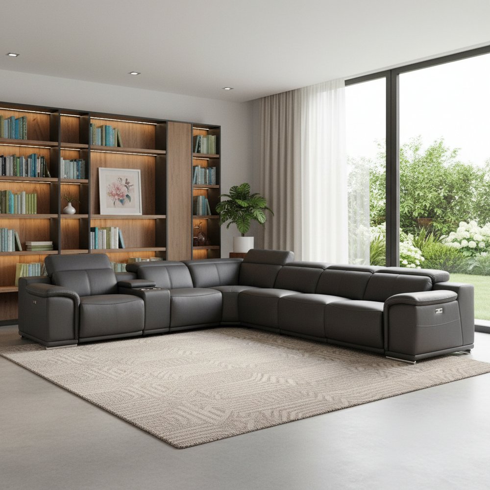 Gray Italian Leather Power Reclining U Shaped Seven Piece Corner Sectional With Console