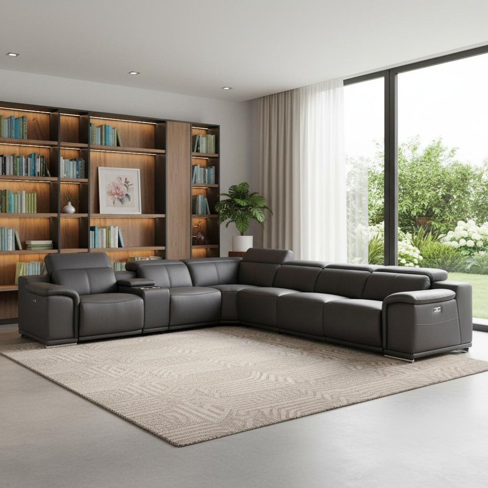 Gray Italian Leather Power Reclining U Shaped Seven Piece Corner Sectional With Console