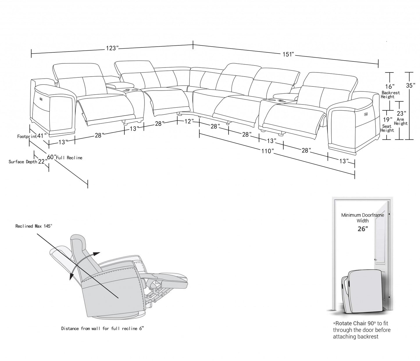 Gray Italian Leather Power Reclining U Shaped Eight Piece Corner Sectional With Console