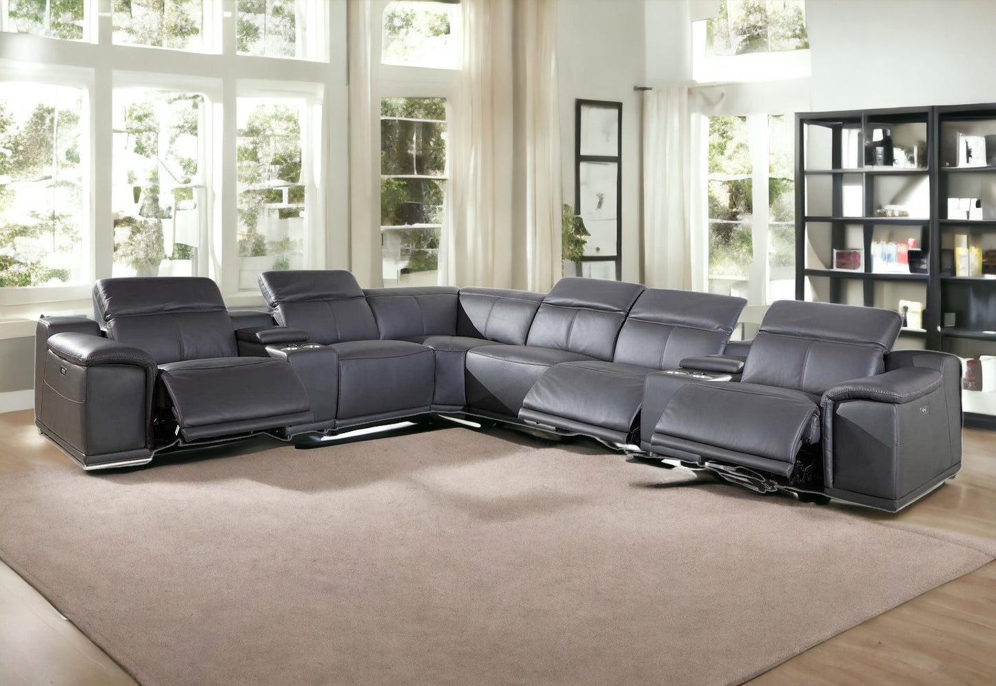 Gray Italian Leather Power Reclining U Shaped Eight Piece Corner Sectional With Console