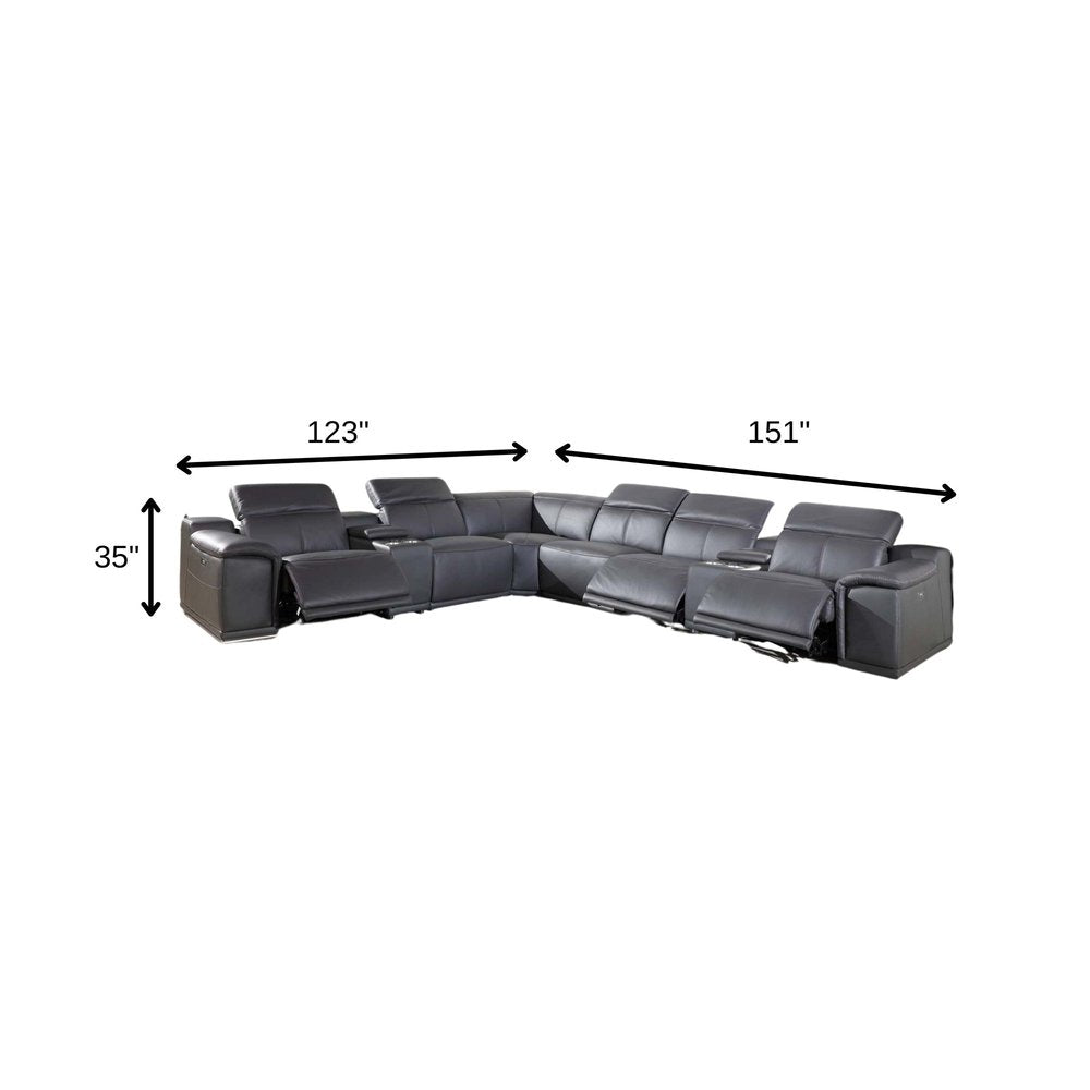 Gray Italian Leather Power Reclining U Shaped Eight Piece Corner Sectional With Console