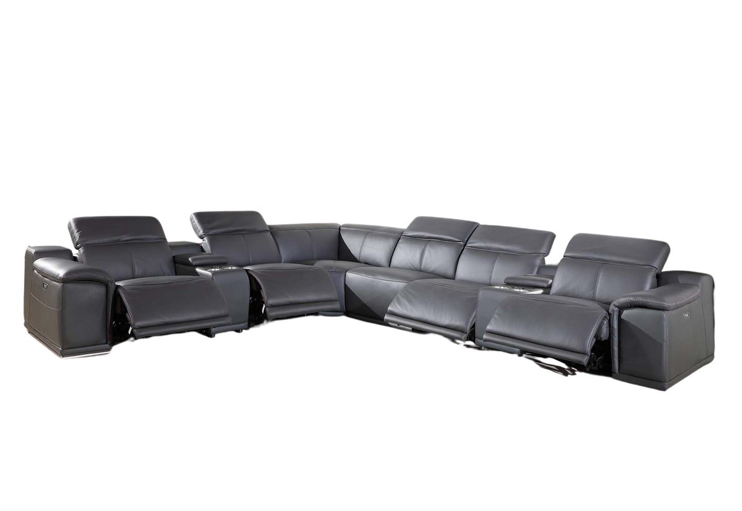 Gray Italian Leather Power Reclining U Shaped Eight Piece Corner Sectional With Console