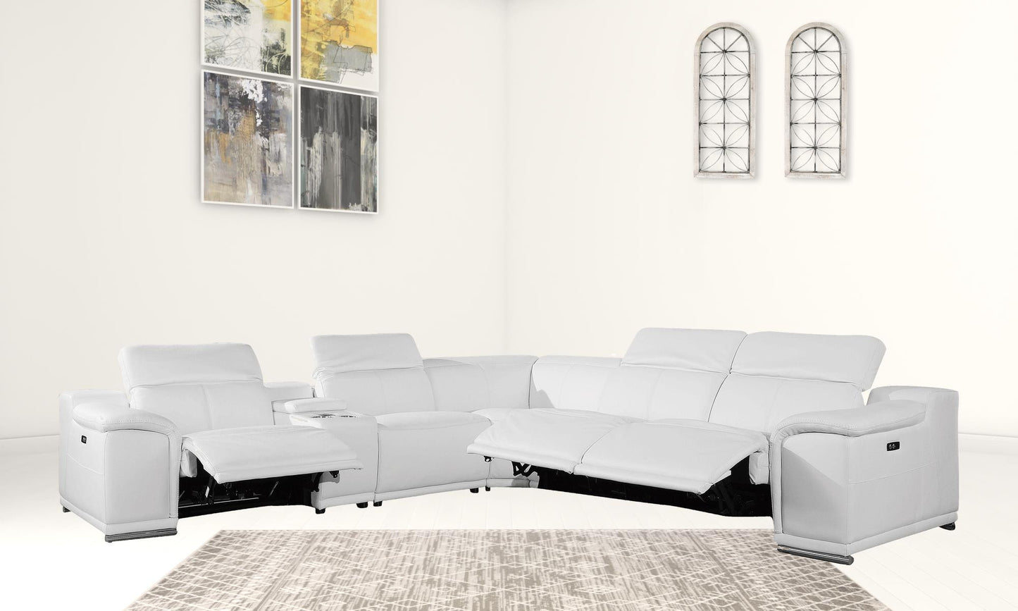 White Italian Leather Power Reclining U Shaped Six Piece Corner Sectional With Console