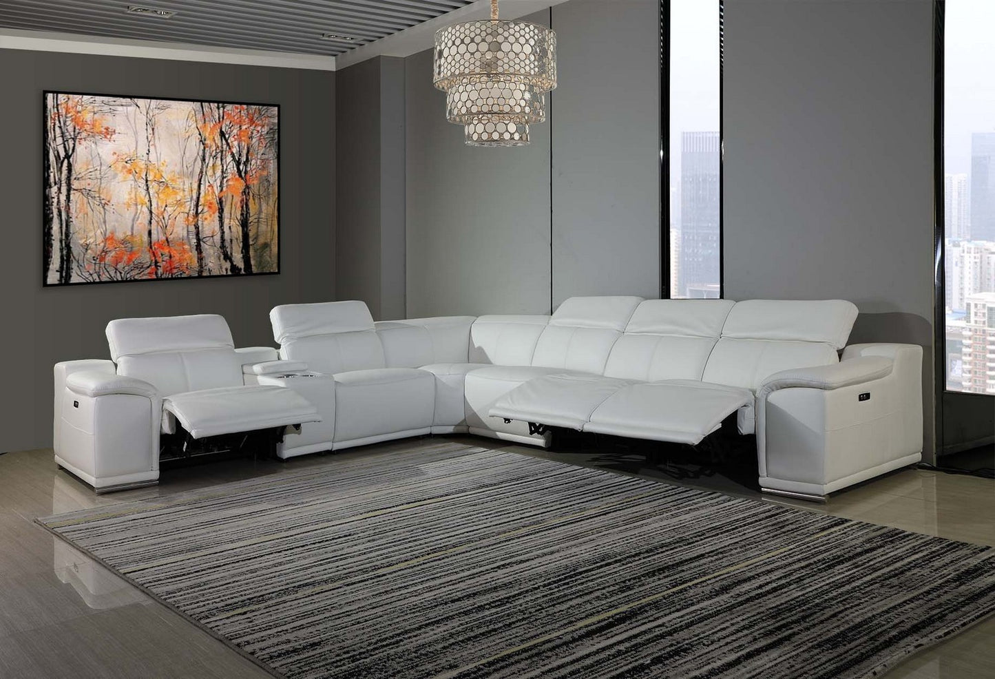 White Italian Leather Power Reclining U Shaped Seven Piece Corner Sectional With Console