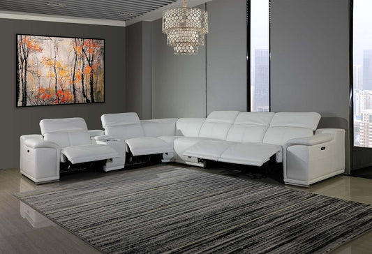 White Italian Leather Power Reclining U Shaped Seven Piece Corner Sectional With Console