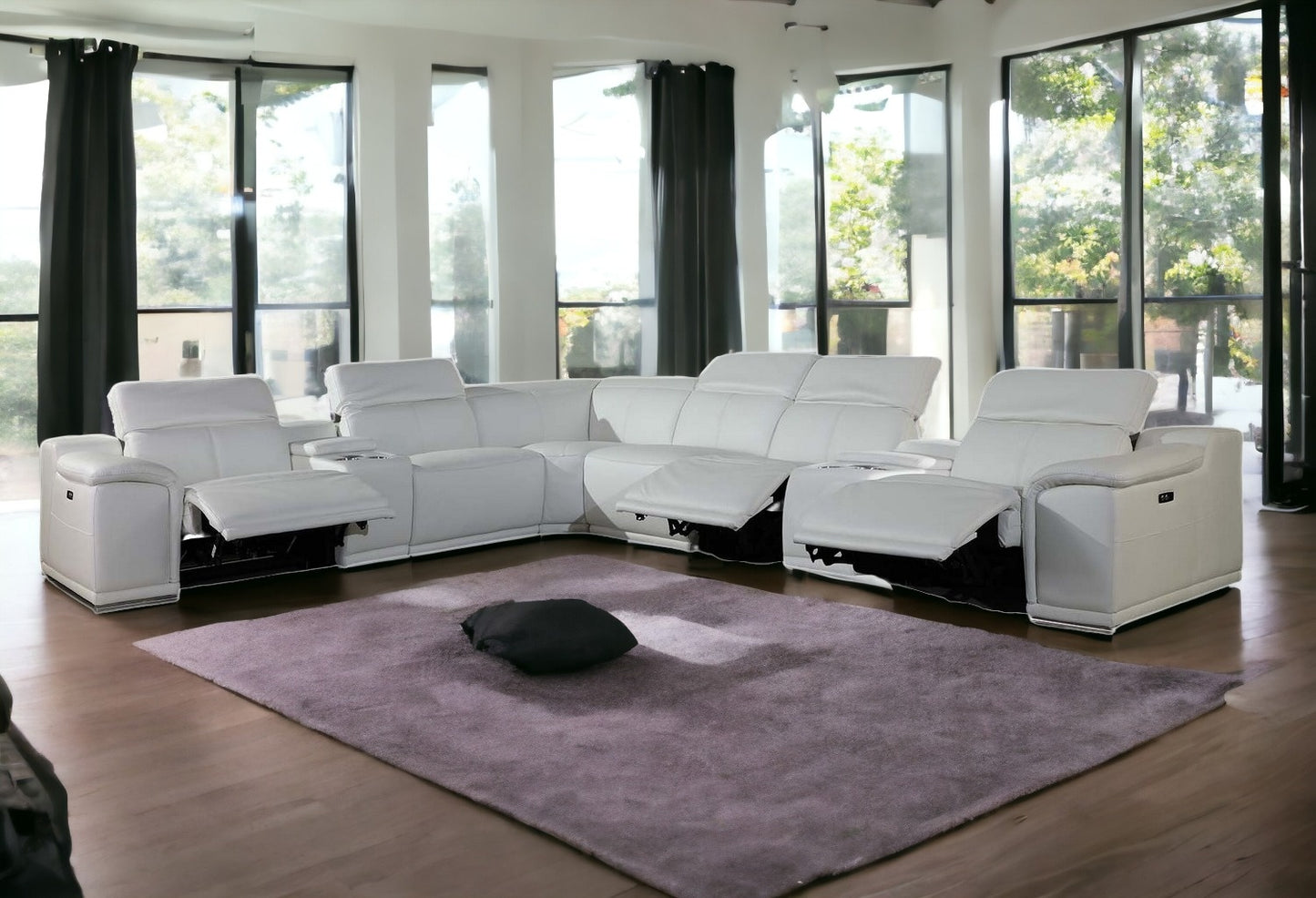 White Italian Leather Power Reclining U Shaped Eight Piece Corner Sectional With Console