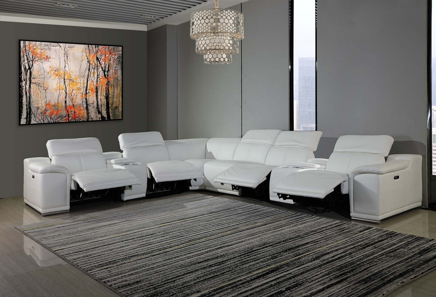 White Italian Leather Power Reclining U Shaped Eight Piece Corner Sectional With Console