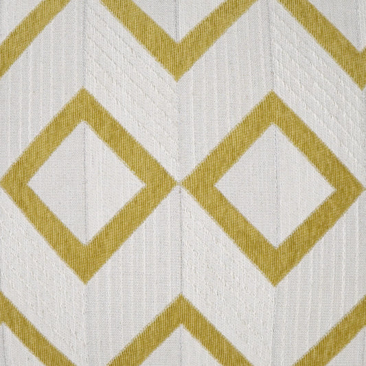 White fabric with gold diamond geometric pattern & textured weave.