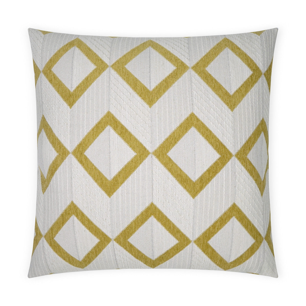 Square decorative pillow with mustard-yellow diamond lattice on white quilted fabric.