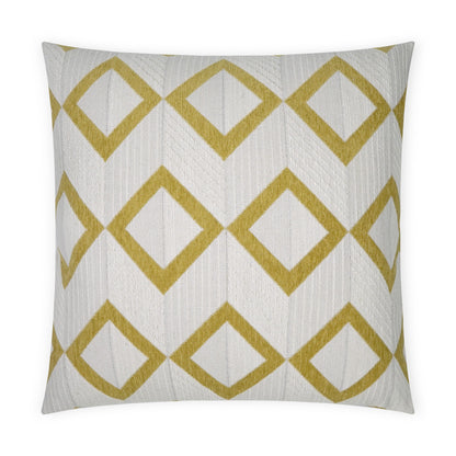 Square decorative pillow with mustard-yellow diamond lattice on white quilted fabric.