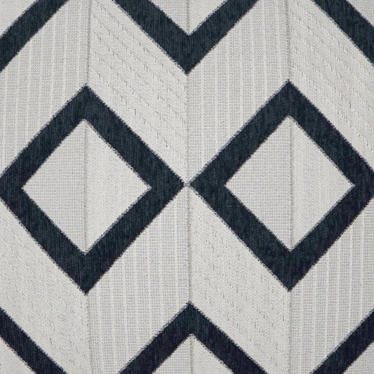 Geometric diamond chevron fabric with light beige background, dark navy diamond outlines, and vertical ribbed texture.