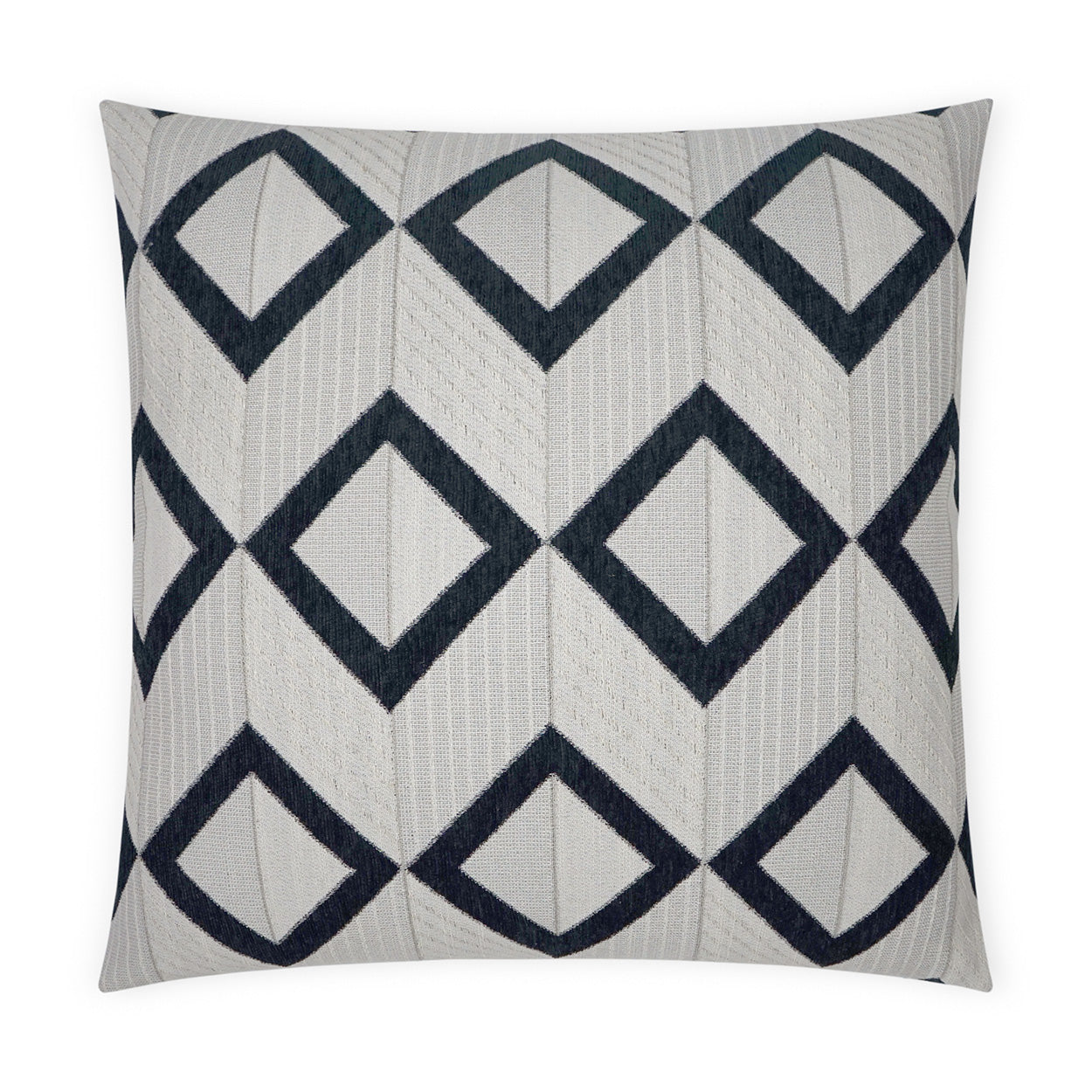 Navy diamond-outline patterns on light gray knit pillow; geometric modern decor accent.
