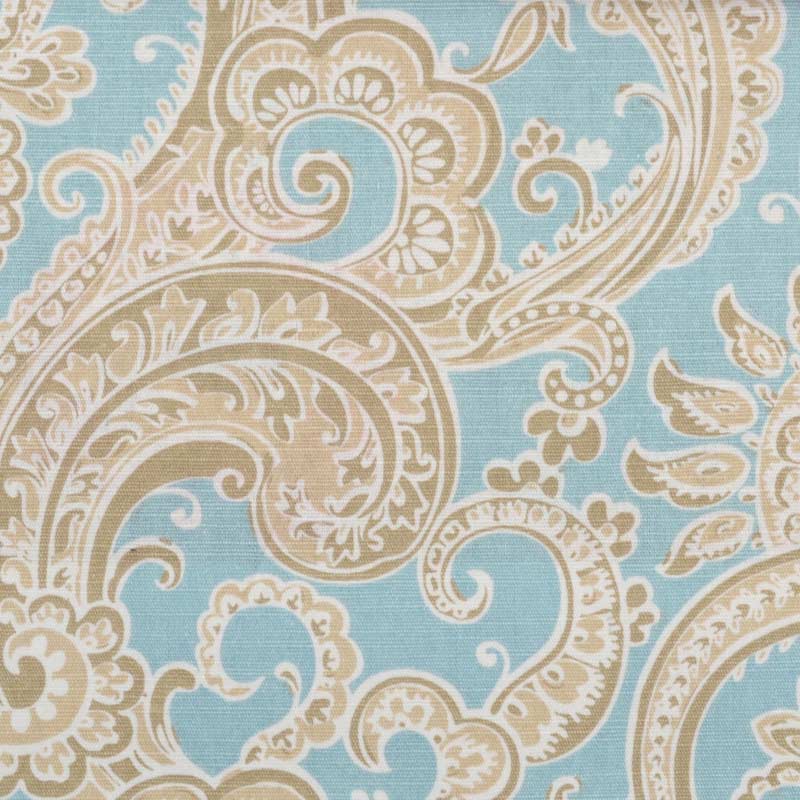 Beige paisley damask pattern on light blue fabric, ornate scrolling botanical motifs.