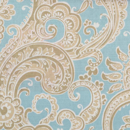 Beige paisley damask pattern on light blue fabric, ornate scrolling botanical motifs.