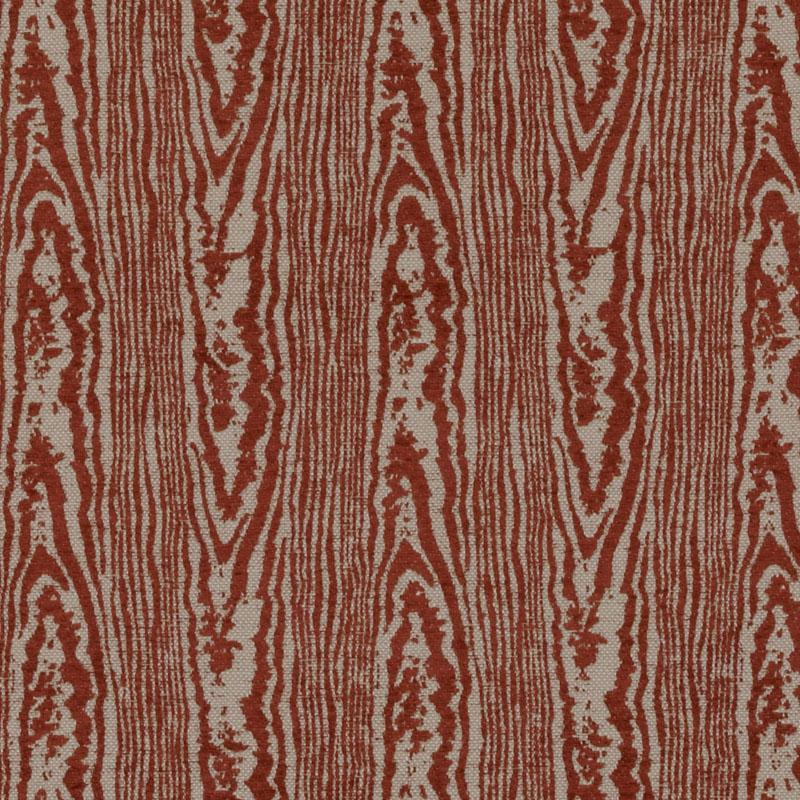 Red and beige wood-grain patterned upholstery fabric with vertical stripes, rustic contemporary style.