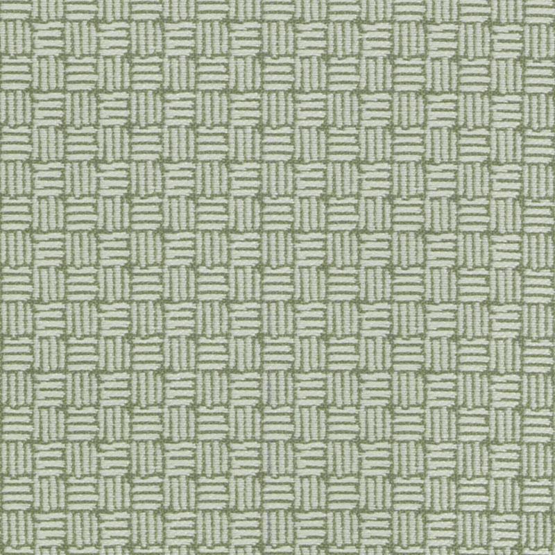 Close-up of olive-green and cream basket-weave fabric texture with interlacing threads.