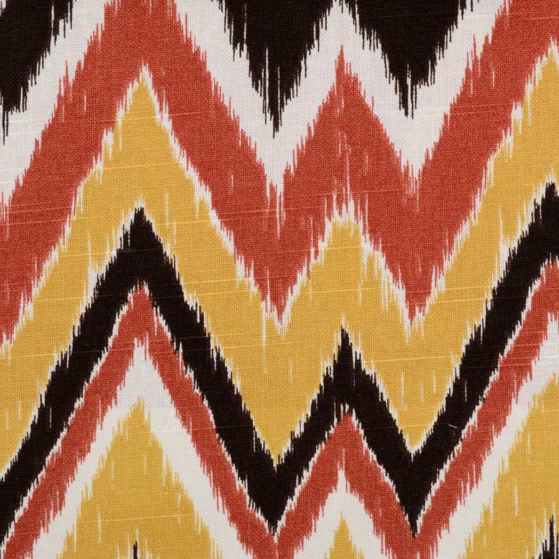 Boho chevron zigzag fabric in mustard yellow, burnt orange, black & ivory; woven textile for decor.