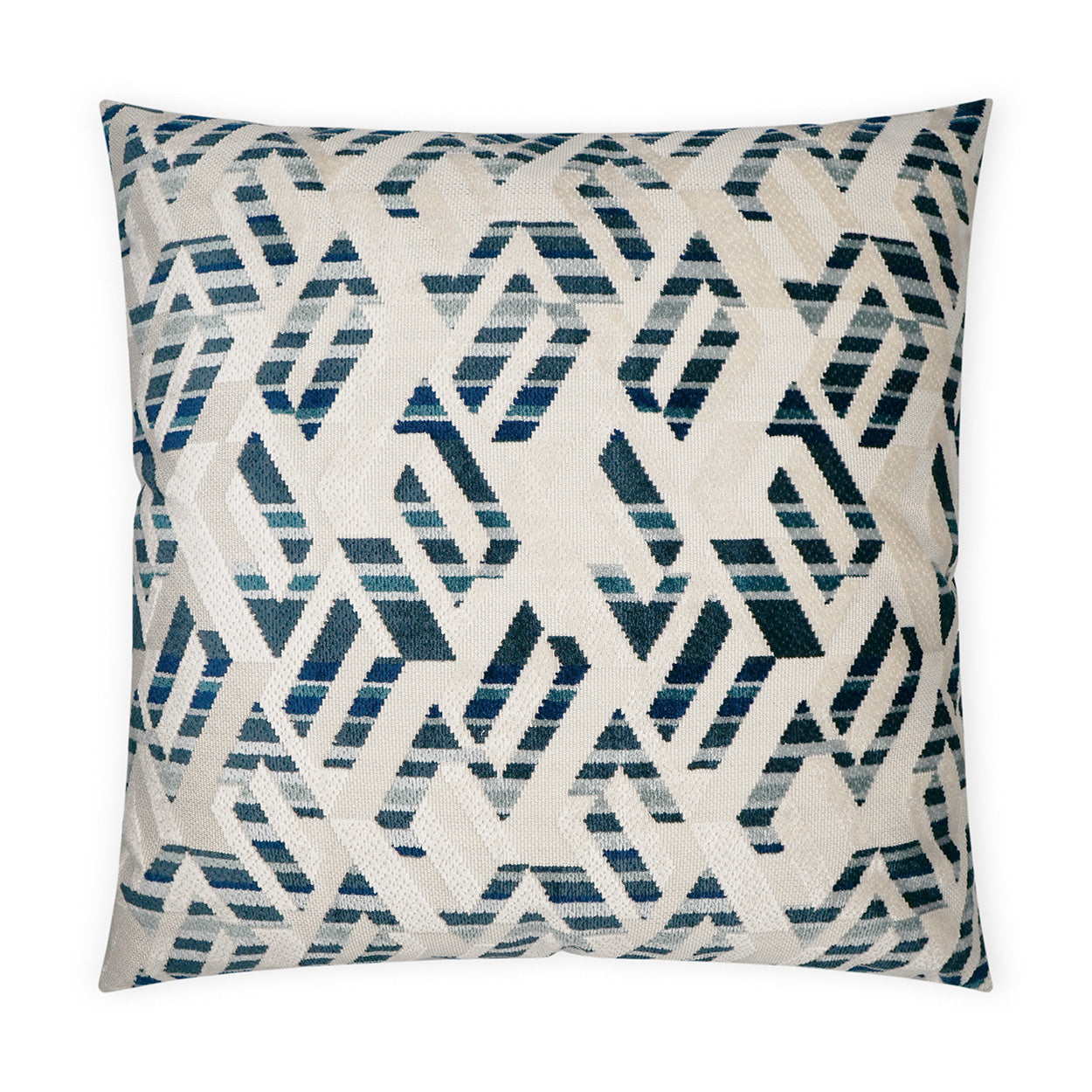 Square 24" x 24" decorative pillow in cream with a blue geometric diamond lattice pattern on woven fabric.