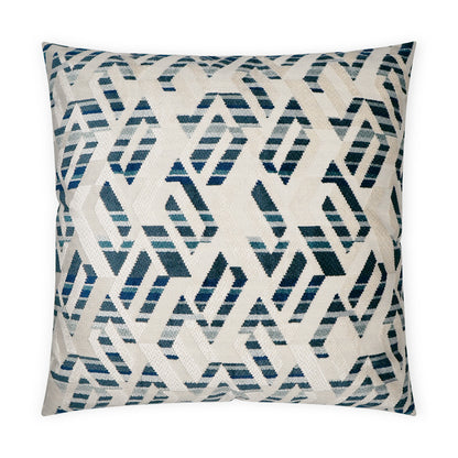 Square 24" x 24" decorative pillow in cream with a blue geometric diamond lattice pattern on woven fabric.