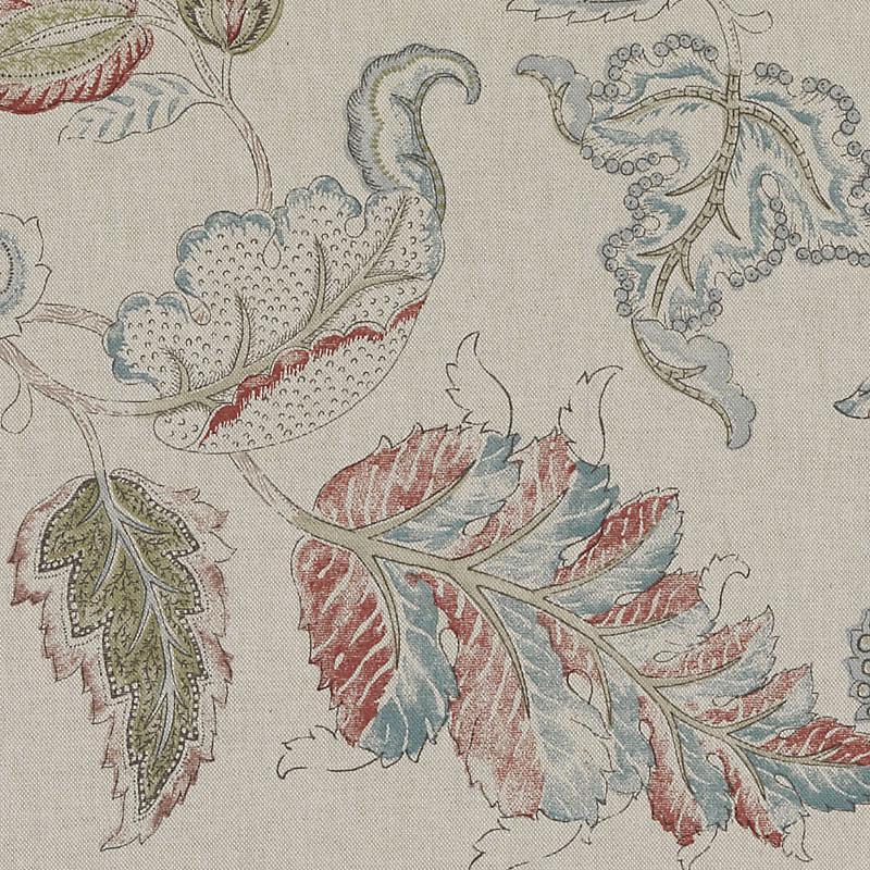 Beige fabric with a vintage botanical print of oversized leaves and vines in red and sage green.