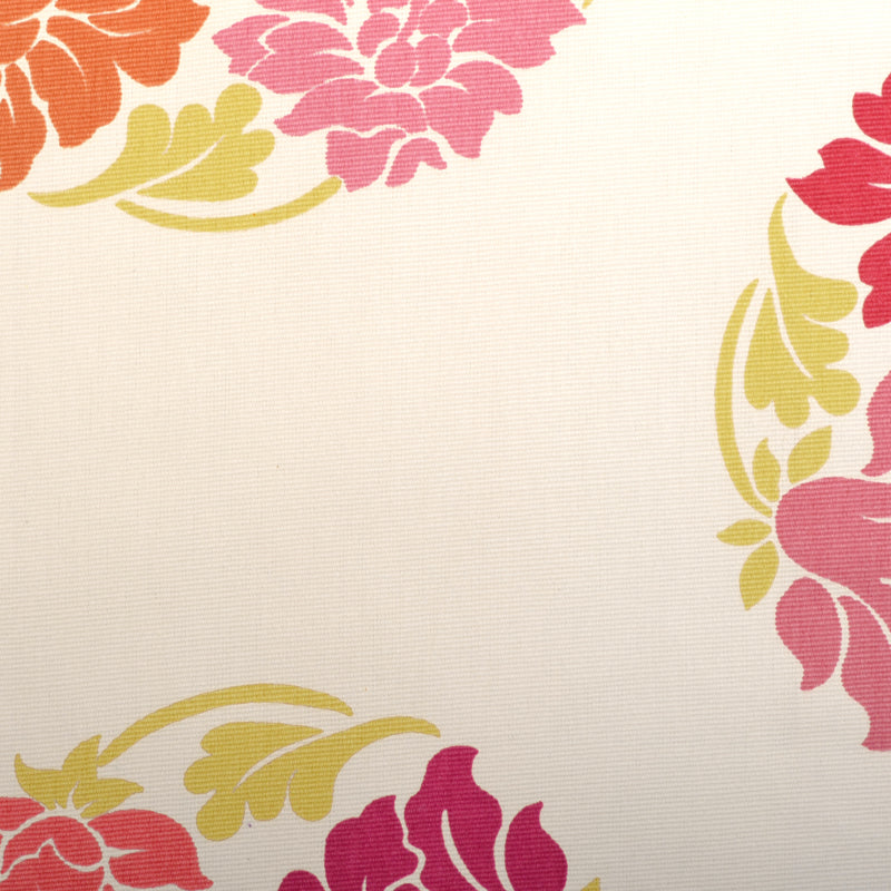 Beige background with colorful floral border in orange, pink, yellow and magenta.