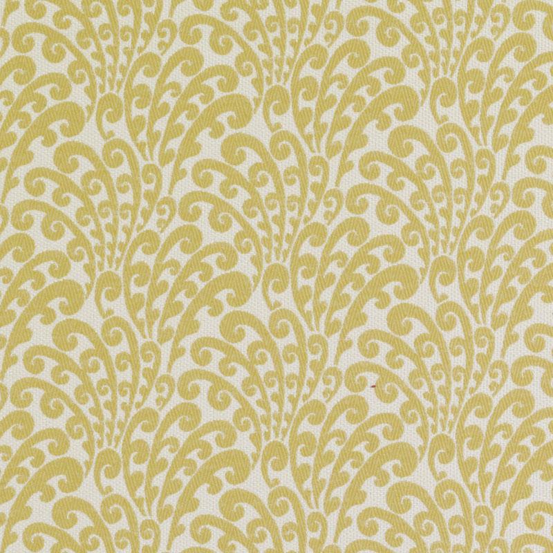 Gold damask pattern on cream background; ornate scrolling arabesque motif for upholstery.