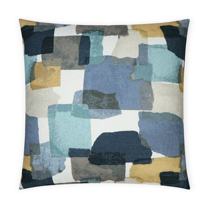 Abstract patchwork square throw pillow in blue, teal, beige and mustard tones.